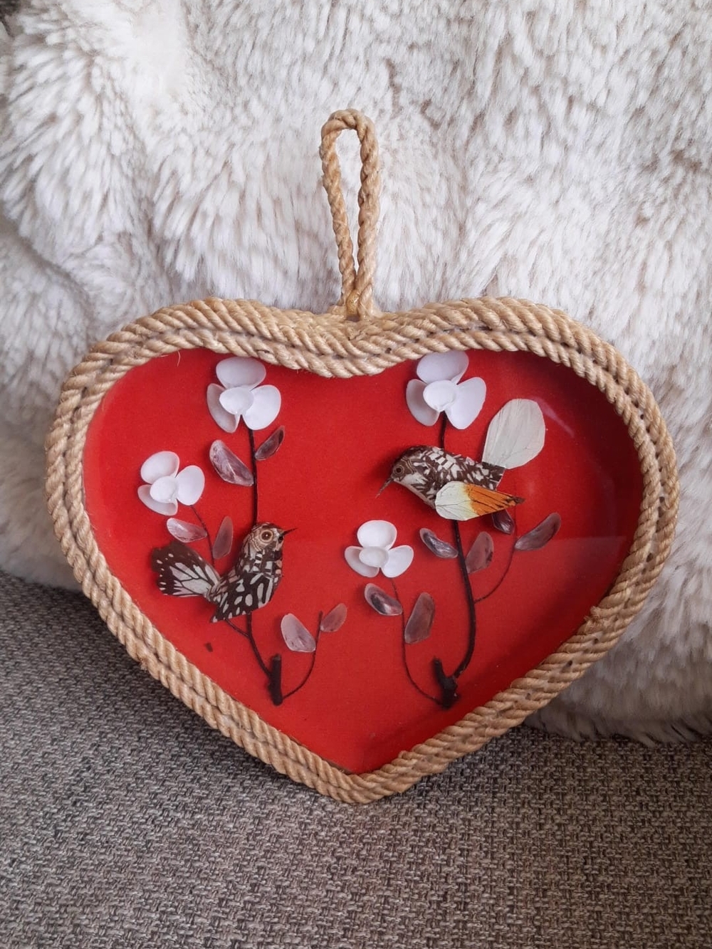 Heart-Shaped Wall Hanging with Bird & Floral Motif - Red